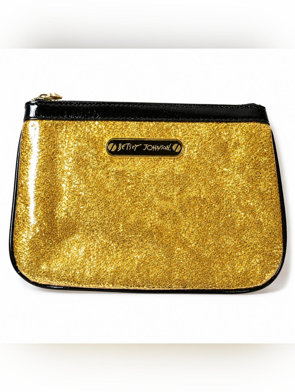 Gold Glitter Clutch Bag Y2K Glam Betsey Johnson Sparkly Zip Pouch Evening Party - Picture 2 of 10